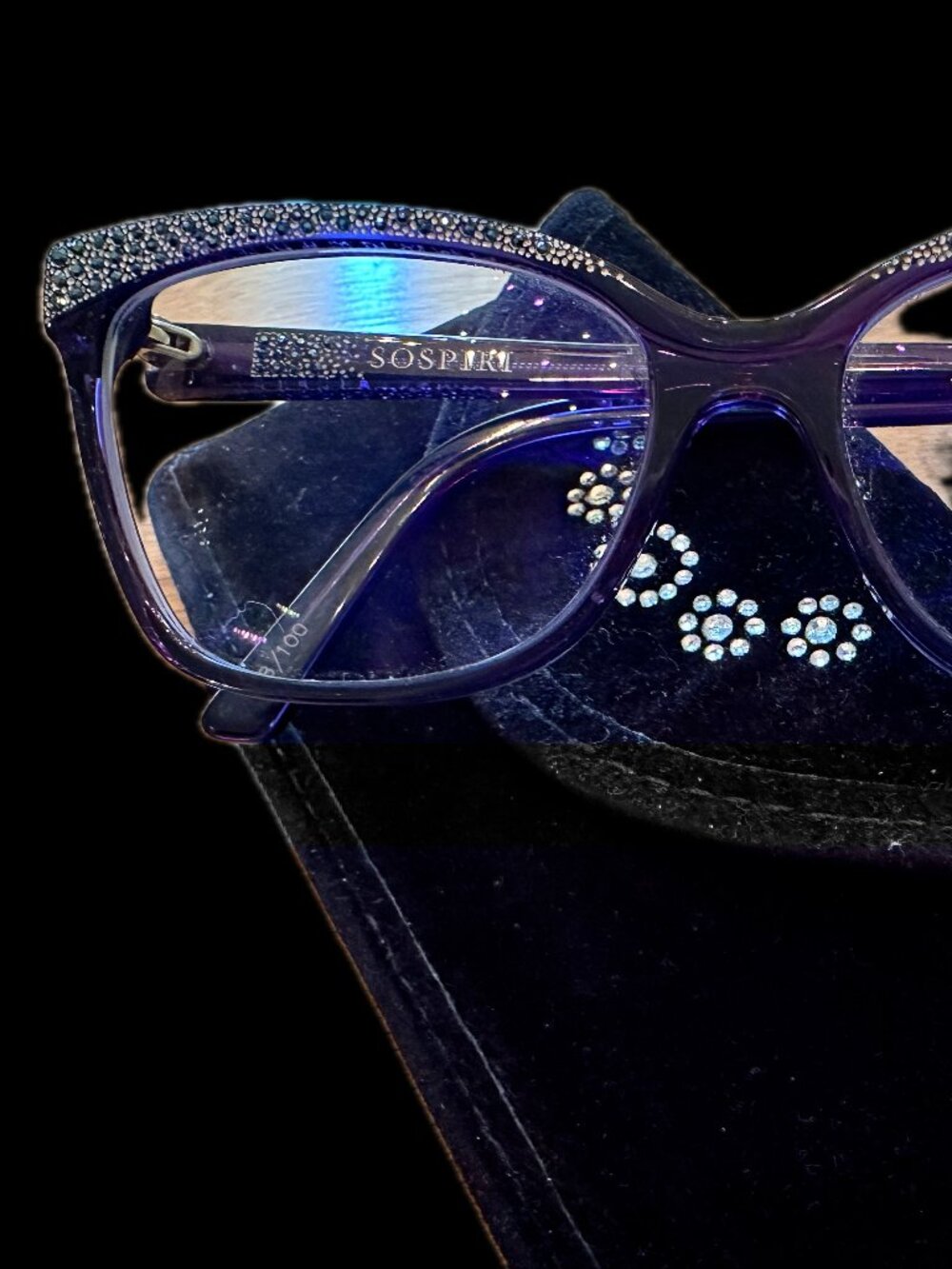 Sospiri Prescription Eyeglass Frames and Case Blue Rhinestone Detail